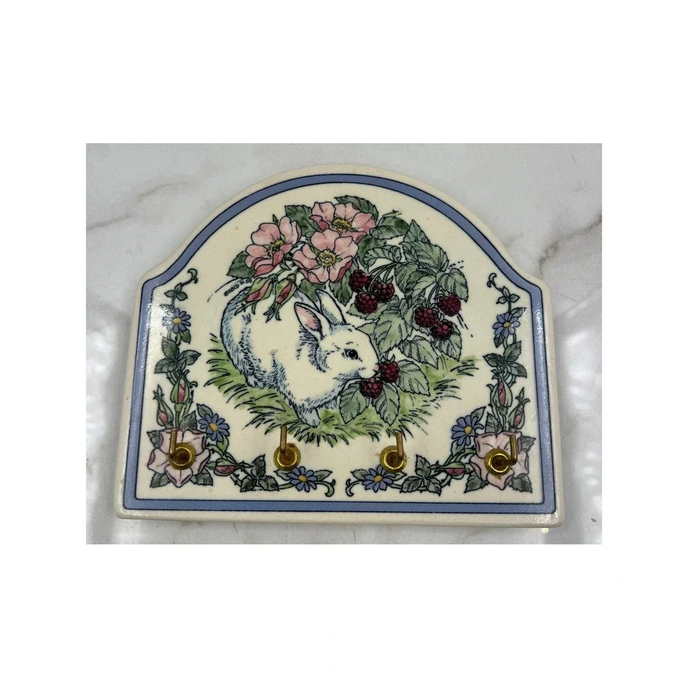 Vintage Ceramic Rabbit Key Rack Wall Hanging Blackberry Floral Bunny Plaque